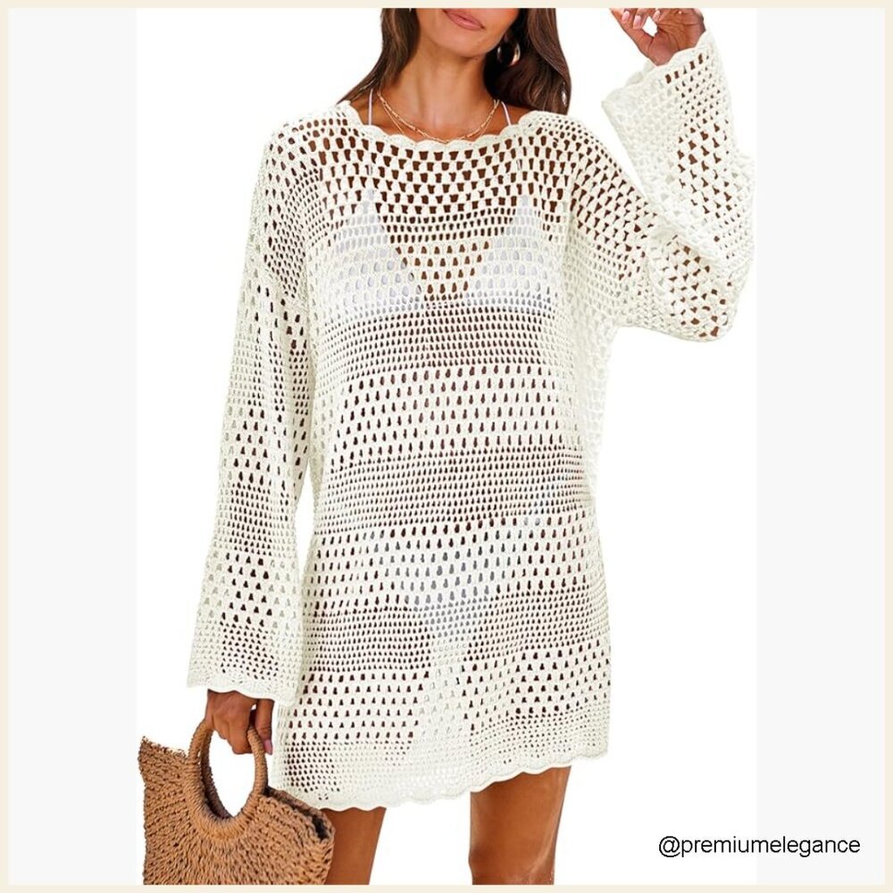Crochet Mesh Swim Cover Up Long Sleeve Beach Dress Acrylic Fabric